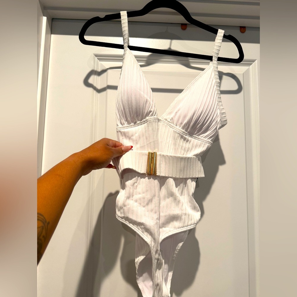 White Textured Belted One-Piece Swimsuit | Gold Buckle Detail | Chic & Classy